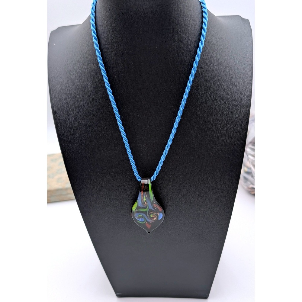 Hand Blown Art Glass Pendant Necklace Blue Green Copper Swirl Teardrop Cord